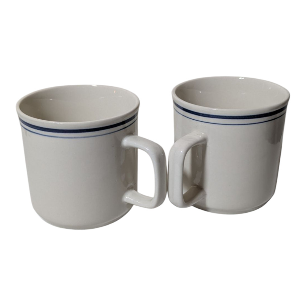 Stoneware - Pair of Mugs - Made in China -  Cream Color/Cobalt Blue Trim - 8 oz